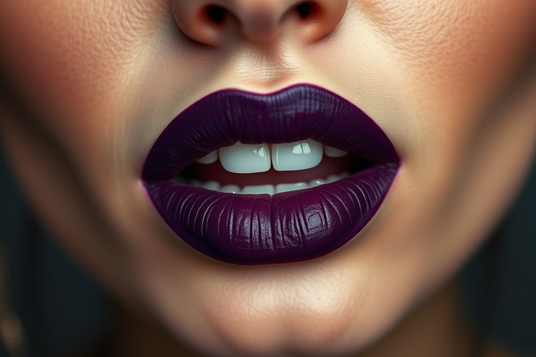 Mesmerizing woman lips showcasing a deep purple matte lipstick, bold and edgy, sharp and precisely applied, making a powerful statement