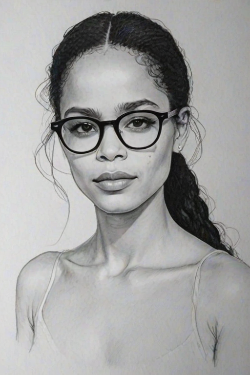 Radiant Zo' Kravitz, pencil sketch, portrait of Charming woman 1972s in glasses, hair style beatnik, outline, clear lines, fine lines, 8k