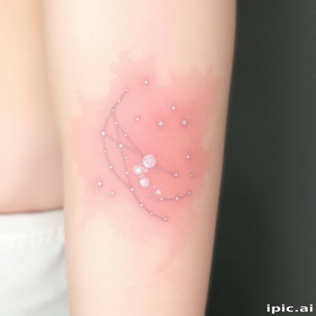 Ethereal white ink tattoo titled "Celestial Whisper" depicting a constellation of delicate stars and swirling nebulae, barely visible against the skin, creating a subtle and dreamy effect that appears to shimmer and change with movement and light