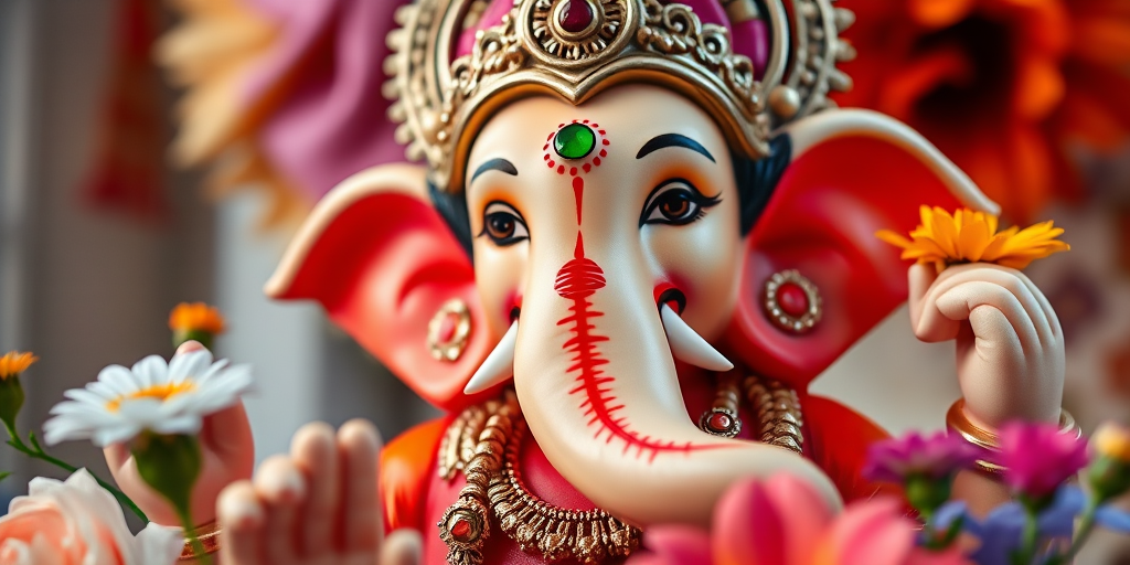 highly detailed close-up of a colorful Ganesh statue adorned with intricate jewelry and surrounded by flowers, soft focus background, natural lighting, 85mm lens, f/1.8 aperture, ISO 200, DSLR camera, studio setting, vibrant colors