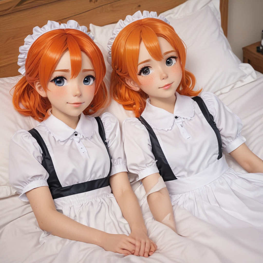 Two anime girls maids with orange hair laying in a bed