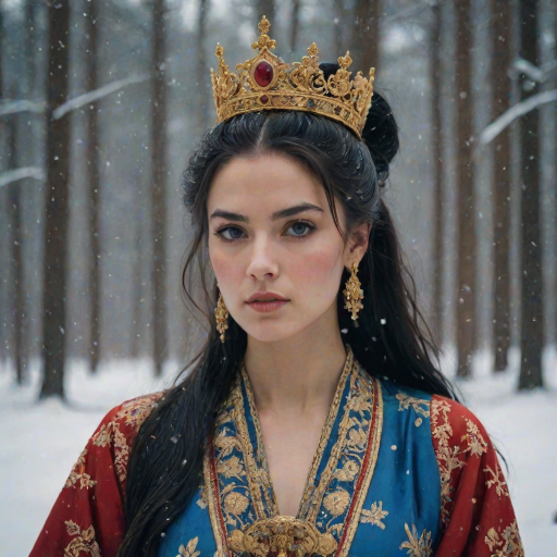 A young woman with long black hair styled in a high bun, adorned with a gold crown and intricate hair ornaments, stares intently at the viewer. She wears a vibrant red and gold embroidered robe with blue accents, a gold belt with a large ornate buckle, and a blue and gold shoulder piece. The woman is positioned in the center of the frame, with the background blurred and filled with falling snow. The image has a soft, ethereal feel with a focus on the woman's face and attire, creating a portrait-like composition. The colors are rich and saturated, with the red, gold, and blue of the clothing standing out against the muted blue and white of the snowy backdrop. The lighting is soft and diffused, casting a warm glow on the woman's face.  The overall mood is elegant and mysterious.  The details of the woman's attire, especially the intricate embroidery and embellishments, add a sense of opulence and grandeur.  The falling snow further enhances the sense of winter magic and wonder.
