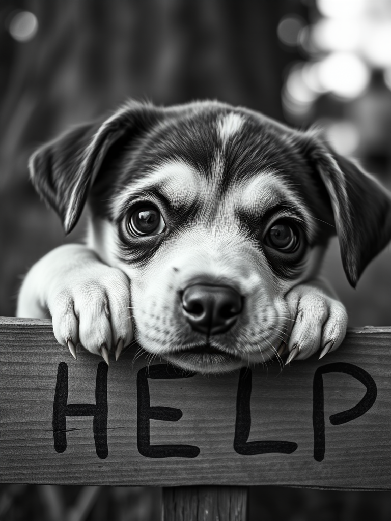 A close-up of a sad puppy with big expressive eyes resting its paws on a wooden sign that says "HELP", shot in monochrome with a shallow depth of field, using a DSLR camera, aperture f/2.8, ISO 100, 50mm lens, natural lighting, low angle view.