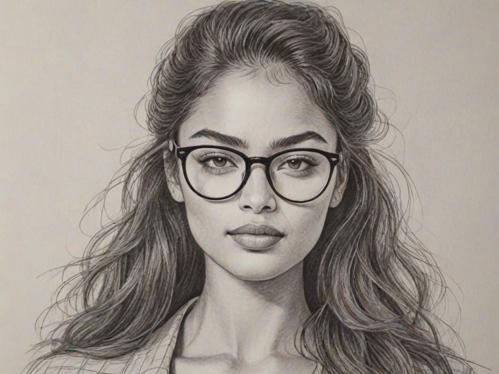Ravishing Shanina Shaik, pencil sketch, portrait of Charming woman 1976s in glasses, hair style beatnik, outline, clear lines, fine lines, 8k