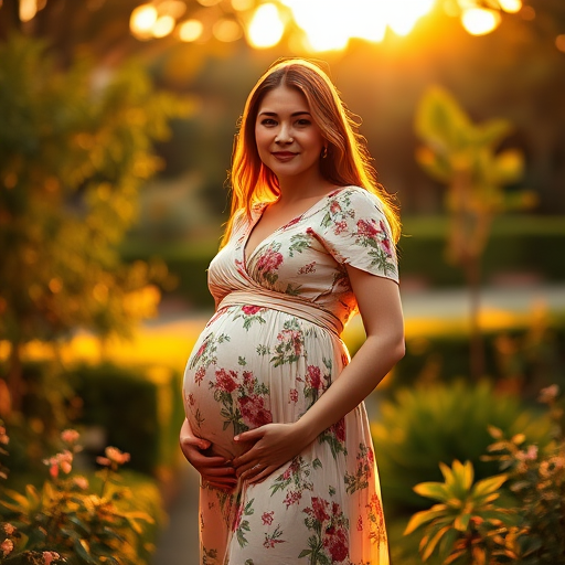 Capture a radiant pregnant woman wearing an elegant floral dress standing in a lush garden during golden hour, with a soft focus on the background, using a Canon EOS R5 camera set to f/2.8 aperture, 50mm lens, ISO 100, with natural light to enhance the warm tones and details in the fabric.