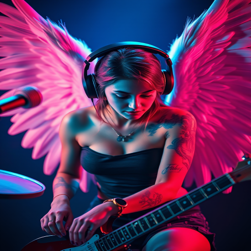 Create an image of a female drummer with angel wings, vibrant colors, dramatic lighting, emphasizing tattoos and headphones, shot with a DSLR camera at f/1.8 aperture, ISO 200, 50mm lens with a soft focus background and high contrast.