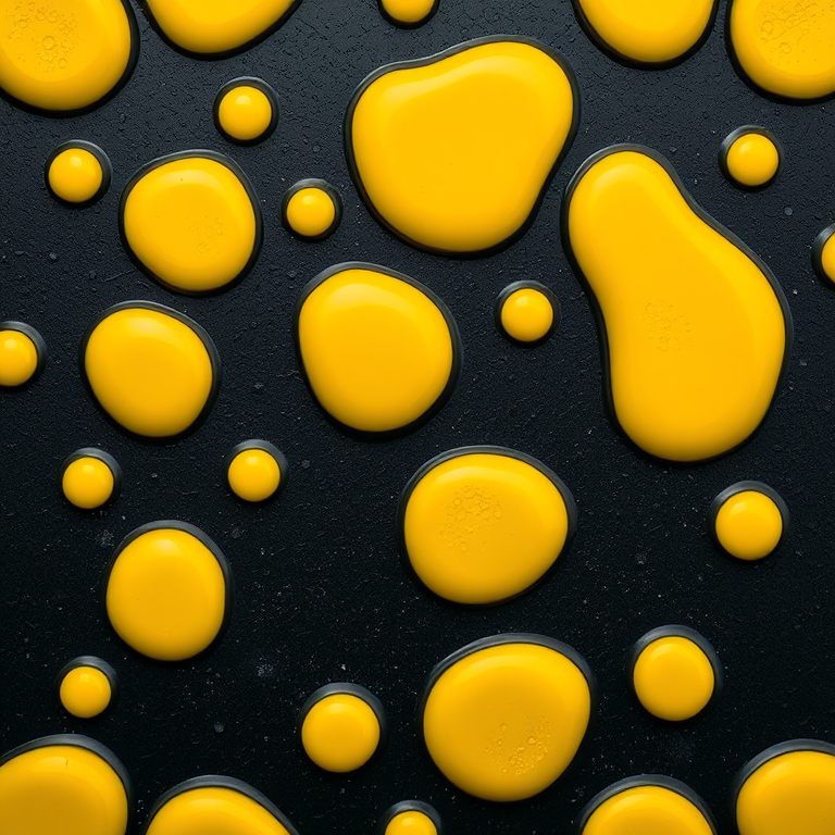 regenerate an abstract pattern featuring yellow water droplet shapes on a dark textured background, using a Canon EOS 5D Mark IV with a 50mm lens at f/4, ISO 100, 1/200s, shot from a top-down view with soft, diffused lighting to enhance color vibrancy and detail.