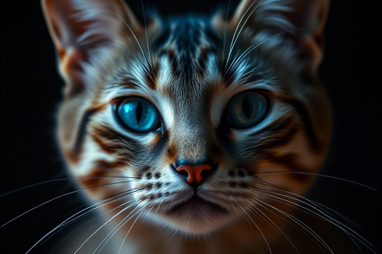 Create an image of a cat with piercing blue eyes in a dramatic half-dissolving effect, captured with a Canon EOS 5D Mark IV, 50mm f/1.8 lens, ISO 100, aperture f/1.8, shutter speed 1/200s, low-light setting, emphasizing sharp details and contrasting textures against a dark background.