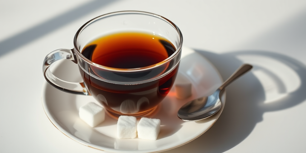 Create a hyper-realistic image of a clear glass teacup filled with dark tea on a simple plate, accompanied by two sugar cubes and a silver spoon, captured with a DSLR camera at f/2.8 aperture, ISO 200, 50mm lens, in soft natural lighting to enhance details and colors.
