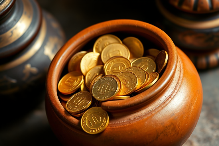 Generate an image of a traditional clay pot filled with gold coins, side view, high-resolution, ISO 100, aperture f/2.8, 50mm lens, natural lighting.