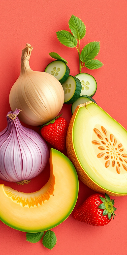create a vibrant digital illustration of various fruits and vegetables including an onion, cucumber slices, a melon, and a strawberry on a textured coral background with high resolution, 50mm lens, aperture f/2.8, soft focus style, DSLR camera
