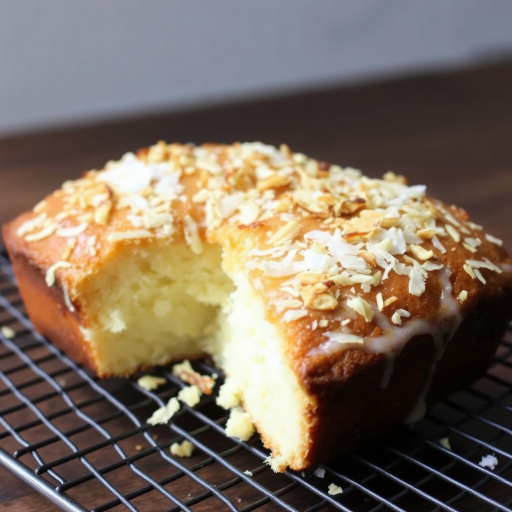 A freshly baked coconut loaf cake topped with toasted coconut flakes and a light glaze, sitting on a wire rack with a slice cut out to reveal its moist texture inside.