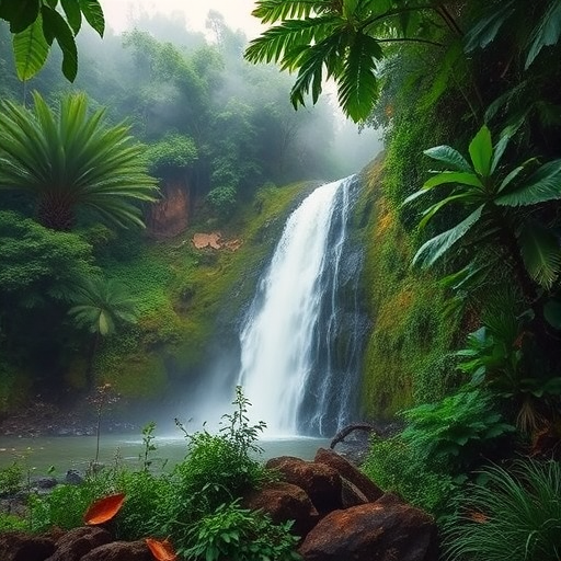 capture a serene jungle landscape with a waterfall surrounded by lush greenery and mist soft focus, wide angle view, f/4 aperture, ISO 100, 1/60 second shutter speed, use a DSLR camera for enhanced clarity and depth.