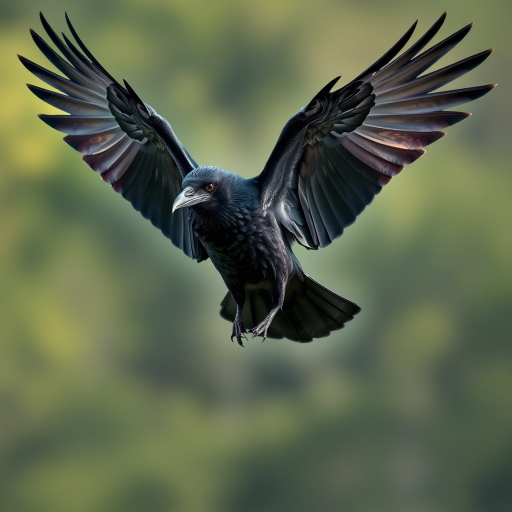 Create a highly detailed and realistic illustration of a raven in mid-flight with wings fully spread, using a 50mm lens at f/2.8, ISO 100, natural lighting, and a soft focus background for depth.