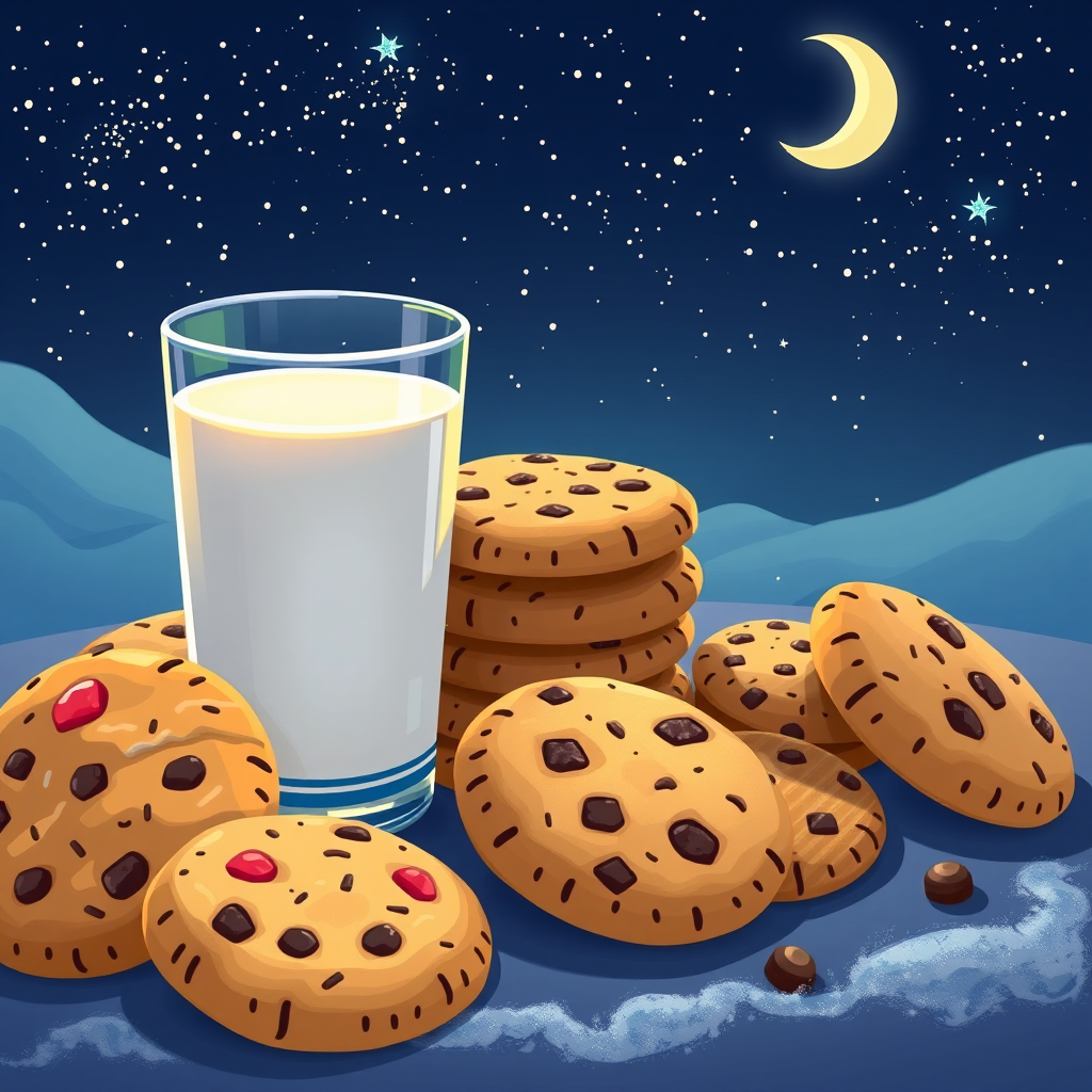 Create a high-resolution illustration of an assortment of cookies and a glass of milk, set against a starry night sky with a crescent moon, using a Canon EOS R5, 50mm lens, f/1.8, ISO 100, soft lighting, and a vibrant color palette.
