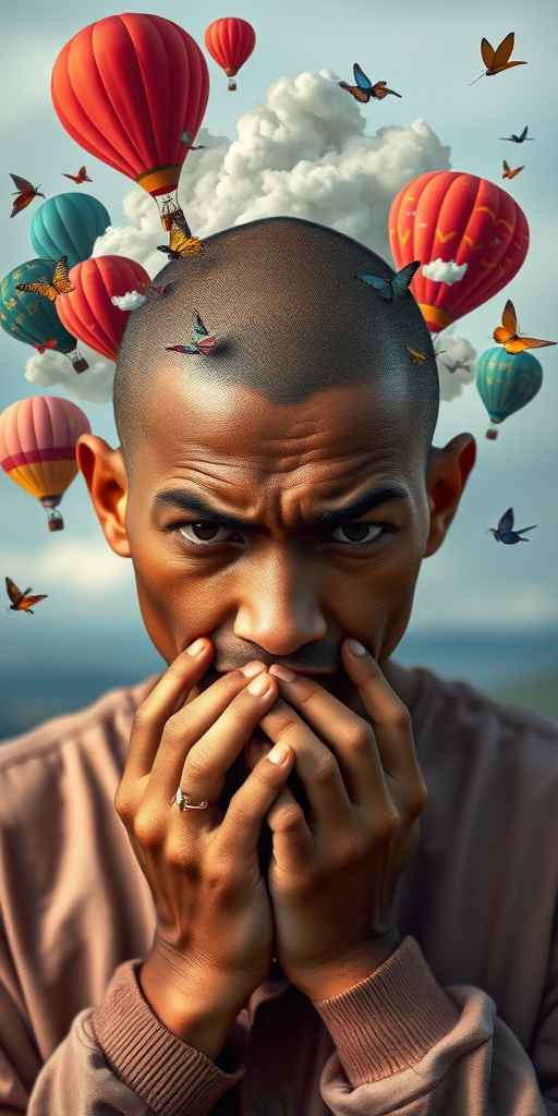 Portrait of a person with a shaved head and intense expression, holding their hands to their chin, surrounded by colorful hot air balloons, butterflies, and clouds emerging from a stylized head, shot with a Canon EOS R5, 50mm f/1.2 lens, ISO 100, aperture f/2.8, natural lighting, with a slightly blurred background to emphasize the subject.