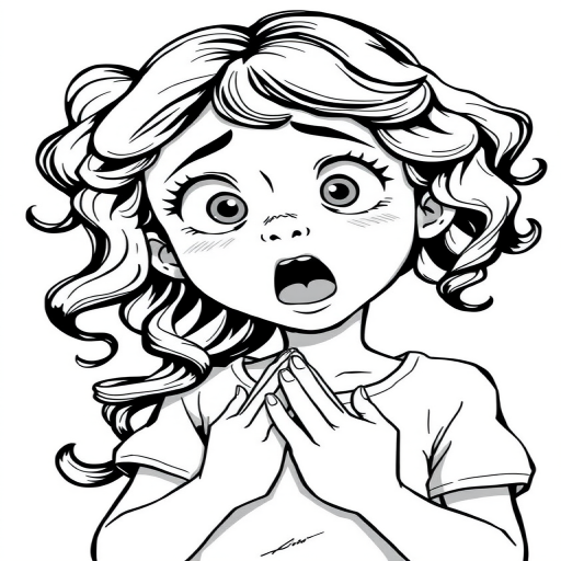 The image is a black and white illustration of a young girl with curly hair. She has a surprised expression on her face with her mouth open and her hands clasped together in front of her chest. Her eyes are wide and her eyebrows are furrowed. Her hair is styled in loose curls that are cascading down her back. The overall mood of the image is one of shock or surprise.