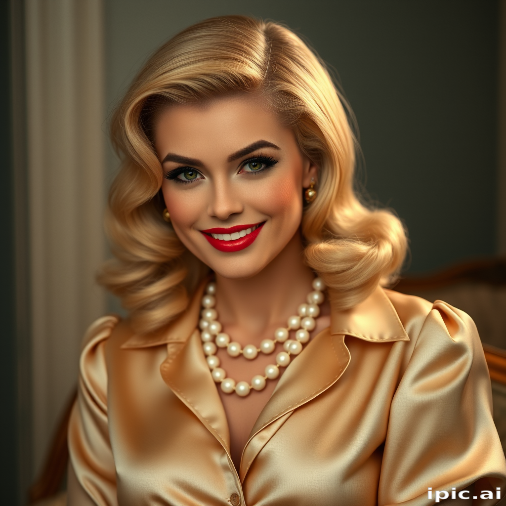 A beautiful woman reminiscent of 1950s Hollywood glamour, with perfectly styled blonde hair and a seductive smile, dressed in a satin blouse and adorned with pearls, soft and warm tones, photorealistic, 8K