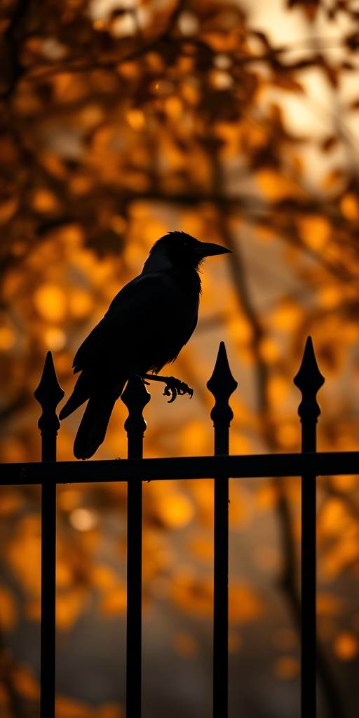Capture a silhouette of a crow perched on a fence with autumn leaves in the background, using a Canon EOS R5, 50mm f/1.8 lens, aperture f/2.8, shutter speed 1/200s, ISO 400, in natural light during golden hour.
