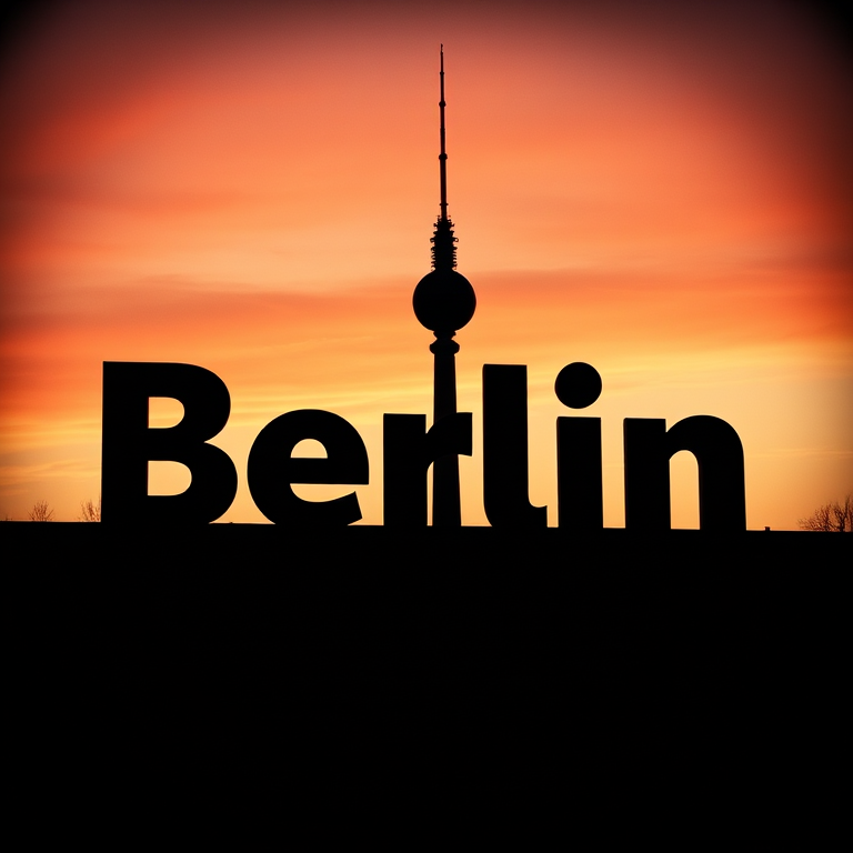 Create an artistic representation of the word "Berlin" with a silhouette of the Berlin TV Tower, using a soft focus lens, f/2.8 aperture, 50mm focal length, ISO 100, and a slight vignette effect for a warm vintage feel.