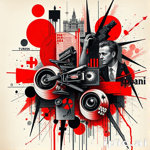 Trash polka tattoo titled "Urban Dystopia" combining bold red and black elements with photorealistic imagery abstract shapes and typographic elements creating a chaotic yet visually striking composition