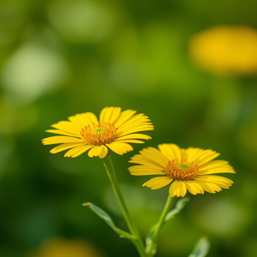 Create a high-resolution image of two yellow flowers with green stems and leaves, shot with a DSLR camera at f/2.8, 1/200 sec, ISO 100, in macro view with soft focus background to enhance the flower details and colors.
