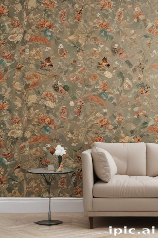 Elegant Living Room Decor Featuring Floral Wallpaper and Cozy Sofa Design