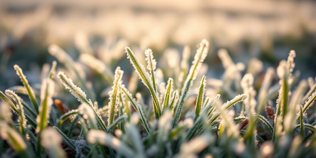 Frost-covered grass in early morning light, close-up shot, ISO 200, f/4.0, 1/250s, 50mm lens, macro photography, shallow depth of field, natural soft lighting, DSLR camera.