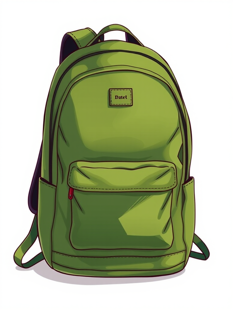Create a detailed illustration of a green backpack with a unique design and a front pocket, using a DSLR camera, 50mm lens, f/1.8 aperture, 1/125 shutter speed, and soft natural lighting.