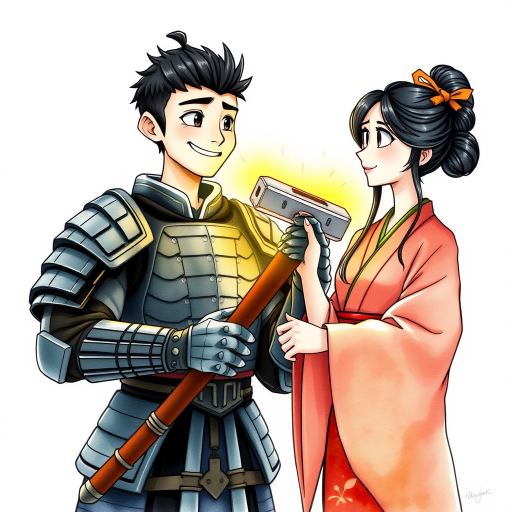 A watercolor and ink-painted, detailed line drawing of a young samurai in armor with black hair, clean-shaven, big eyes, and a large smile, standing next to a beautiful woman in a kimono. Both are holding the shaft of a warhammer together, with the head of the warhammer now adjusted to the proper size. They are the same height and look at each other with affection. The samurai is glowing with a yellowish aura, radiating warmth. The scene has a whimsical, adventurous feel in a Disney-Pixar aesthetic, with soft watercolor tones, intricate ink details, and a magical, cinematic atmosphere