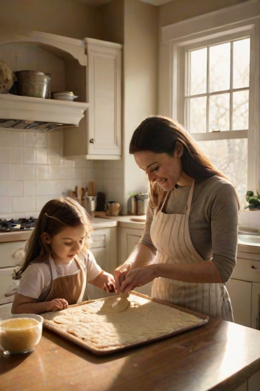 Cozy kitchen scene, with a mother baking cookies, her children helping by rolling out dough, the warm scent of vanilla wafting through the air, and sunlight streaming through the window.
