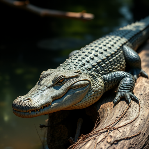 Create a hyper-realistic image of a crocodile resting on a log, using a DSLR camera with a 50mm lens, aperture f/2.8, ISO 100, and a shallow depth of field, shot in natural light from a low angle to emphasize texture and detail.