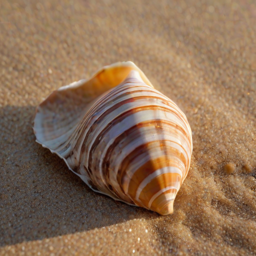 High-resolution close-up of a seashell resting on a sandy beach, soft light from the setting sun illuminating its intricate patterns, with tiny grains of sand visible in the background.