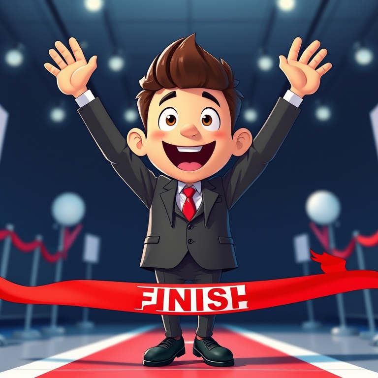 a cartoon character in a business suit celebrating with arms raised, crossing a finish line with a red ribbon, bright colors and a cheerful expression, camera settings: ISO 100, f/5.6, shutter speed 1/250s, camera view: eye level, camera style: vibrant animation, camera type: digital illustration