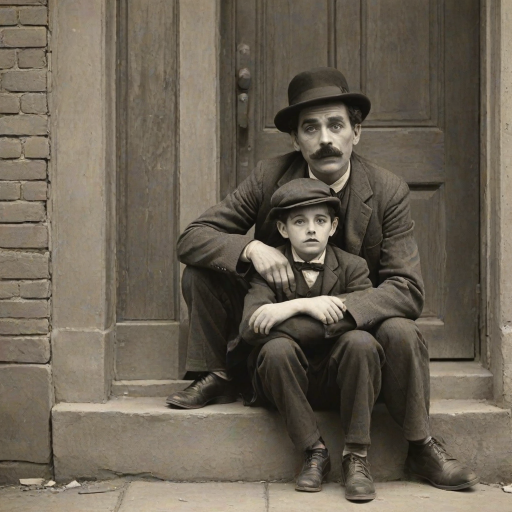 A black-and-white photograph of a man and a child sitting on steps in front of a doorway. The man is dressed as a tramp with a bowler hat, mustache, and ragged clothes, reminiscent of Charlie Chaplin's iconic look. He is sitting with his arms crossed and an expression of slight sadness or frustration. Next to him is a young boy, also in worn clothes and a cap, sitting with his hands clasped, looking thoughtful. The background is an old, textured wall and a partially open door, creating a vintage, early 20th-century atmosphere.
