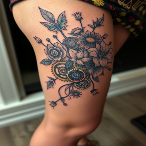 Surrealist body tattoo blending elements of nature and technology on the thigh, featuring biomechanical gears merging with organic flowers in a steampunk-inspired style