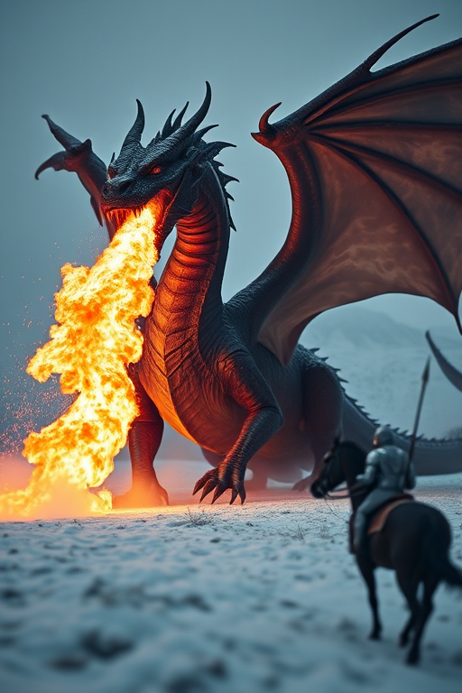 A majestic dragon breathing fire in a snowy landscape with a silhouette of a knight on horseback, shot with a Canon EOS R5 at f/1.8, ISO 200, 24mm lens, in dramatic lighting from a low angle, using a cinematic style and a wide depth of field.