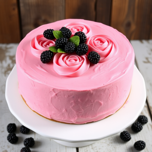 A round cake with a smooth pink frosting decorated with rose-shaped pink icing and fresh blackberries on top, placed on a white cake stand, with a rustic wooden background and a few scattered blackberries around it.