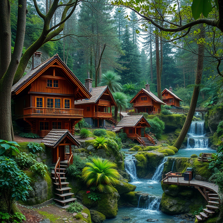 Create a high-resolution image of a stylized forest scene with intricately designed wooden houses nestled among lush greenery and cascading waterfalls, shot with a Canon EOS R5 at f/8, ISO 100, with a wide-angle lens at 24mm, using a soft natural lighting setup for enhanced depth and detail.