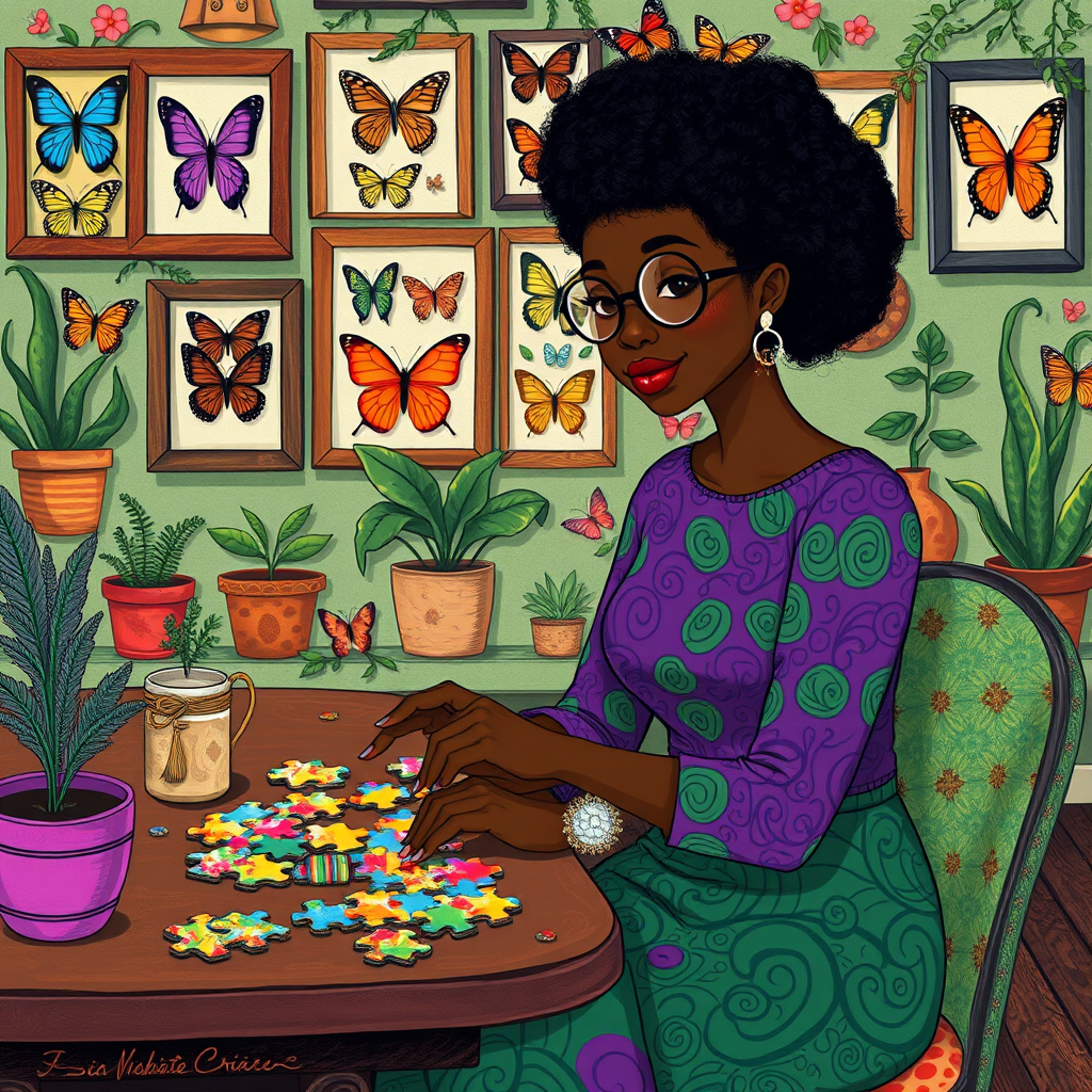 A vibrant and whimsical illustration of an african american woman sitting at a table working on a colorful jigsaw puzzle. she is wearing round glasses, and patterned clothing in shades of purple and green.  The background features an eclectic collection of framed butterflies, potted plants, and other natural elements, creating a warm and inviting atmosphere. The style is playful and modern, with rich textures, intricate details, and a lively color palette.