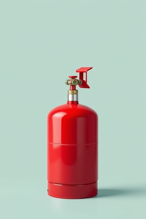 Create a high-resolution vector-style illustration of a red gas cylinder, with a clean background, using a DSLR camera, 50mm lens, aperture f/2.8, ISO 100, in soft natural lighting, focusing on details and vibrant colors.