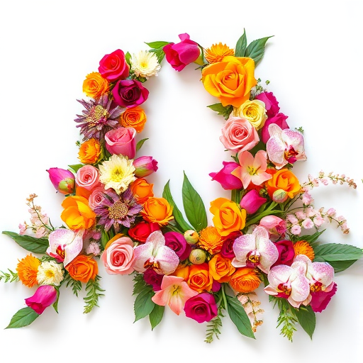 Create an image of the letter A made of various colorful flowers including roses, tulips, and orchids arranged beautifully, captured with a Canon EOS R5, 50mm f/1.2 lens, aperture f/2.8, 1/200 sec shutter speed, in a bright studio setting with soft diffused lighting.