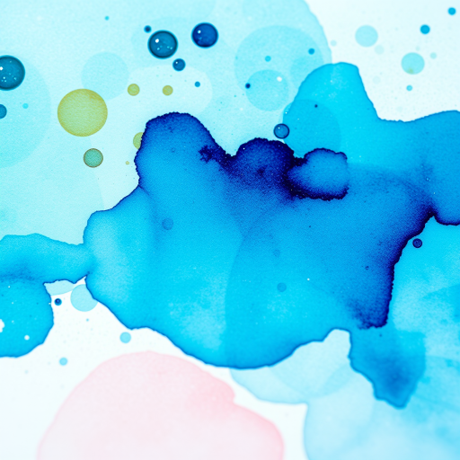 Create an abstract watercolor artwork featuring vibrant shades of teal and azure with splatters and soft gradients, captured with a Canon EOS R5, 50mm lens, f/1.8 aperture, ISO 100, using a close-up view to enhance details and textures.