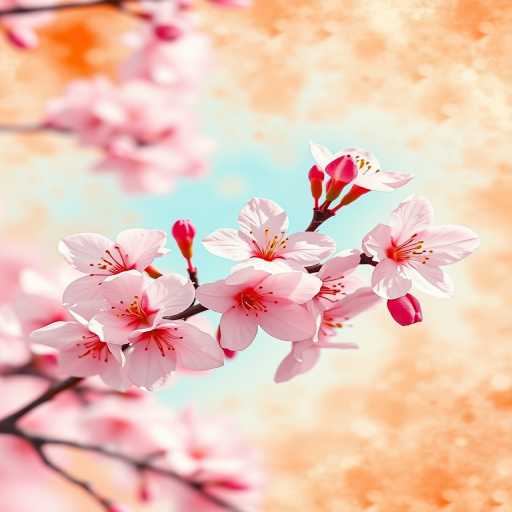 Create a vibrant digital painting of cherry blossoms with a soft orange watercolor background, captured with a DSLR camera at f/4, ISO 100, 50mm lens, top-down view, high dynamic range style.