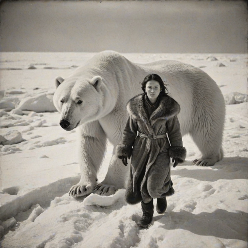 A very old photograph in black and white. The photo is badly damaged, faded, with scratches, tears, smudges and dirt. The photo is ultra-realistic and very detailed. It's a picture of an Arctic warrior. She is walking serenely towards the camera. At her side walks a majestic polar bear. Its fur shines in the sunlight. Snow, ice, sea. wind. snow in the air.