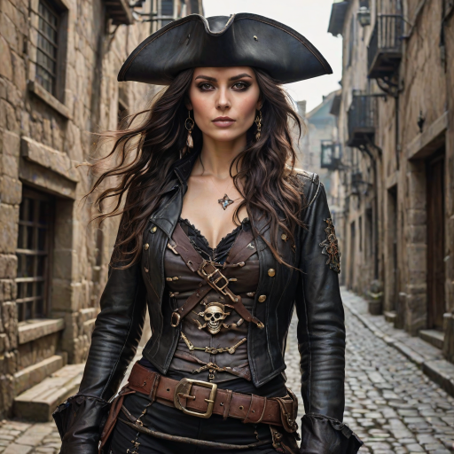 Create a portrait of a fierce female pirate. She wears a leather tricorn hat adorned with a skull and crossbones emblem, and her long, dark hair flows around her face. Her outfit consists of a richly detailed leather jacket, a corset, and multiple layers of belts and accessories, giving her a formidable and stylish appearance. She stands confidently in a dimly lit, historic port town, with a backdrop of weathered buildings and cobblestone streets, capturing the adventurous spirit of a pirate.