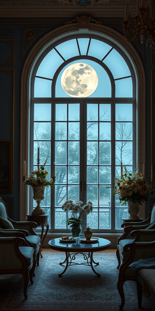 interior of a vintage room with a large moonlit window, soft blue and gold tones, elegant furniture, floral arrangements, soft light illuminating the scene, camera settings: f/2.8 aperture, ISO 100, 1/60 sec shutter speed, camera view: wide angle, camera style: cinematic, camera type: digital mirrorless