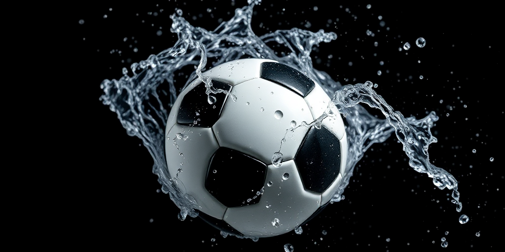 soccer ball splashing in water, high-speed photography, 1/1000 sec shutter speed, f/2.8 aperture, ISO 200, 35mm lens, dark background to enhance contrast