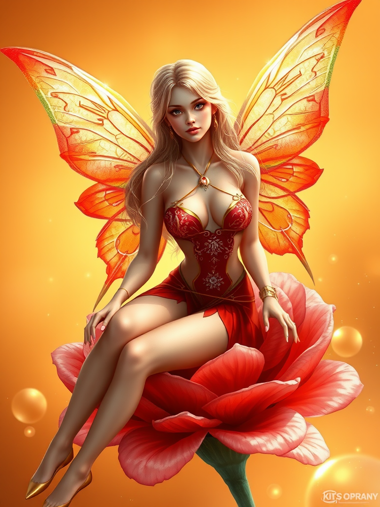 A digital artwork features a winged fairy with delicate Coral butterfly wings, adorned with intricate Spruce andPeriwinkle patterns. She is seated on a vibrant Pearl flower, wearing a revealing red two-piece outfit with sparkling beadwork. Her fair skin, long blonde hair, and gold jewelry add to her ethereal appearance. The background is a warm, golden gradient, creating a magical atmosphere. Small glowing orbs and sparkles surround the flower, enhancing the enchanting, highly detailed, and realistic scene.