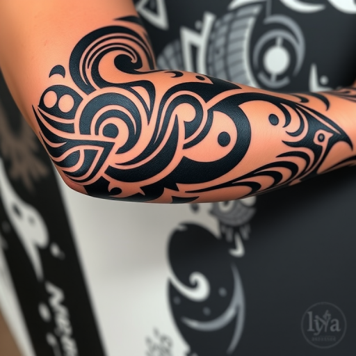 Powerful tribal-inspired tattoo wrapping around the bicep and forearm featuring bold black patterns with negative space elements inspired by Polynesian and Maori designs intricate swirls and sharp angles